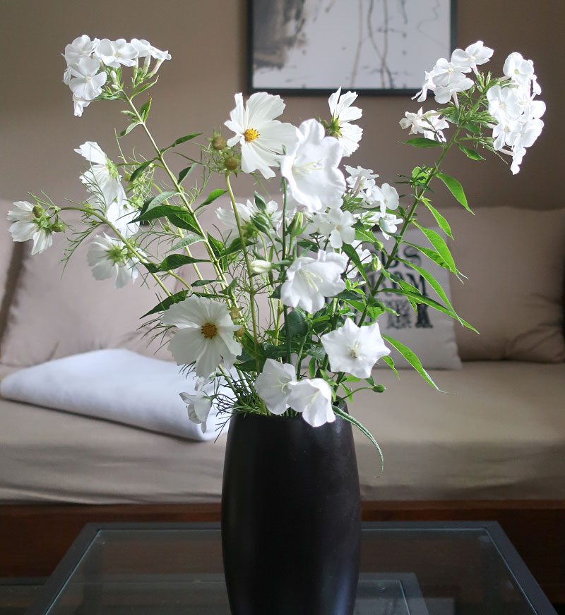 weißer Blumenstrauß in schwarzer Vase
