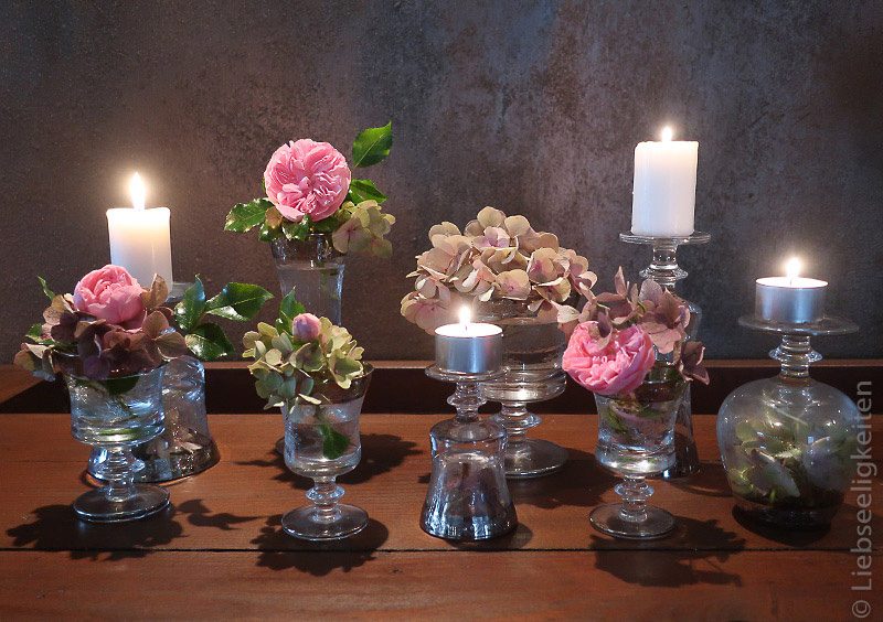 Rosenblüten und Hortensien - Rosen in Gläser - Gläser als Vase und Kerzenständer - Tischdeko - Blumendeko