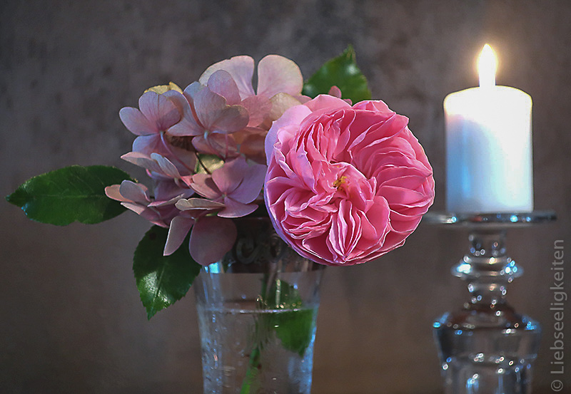 rose larissa und hortensie im glas - kerze
